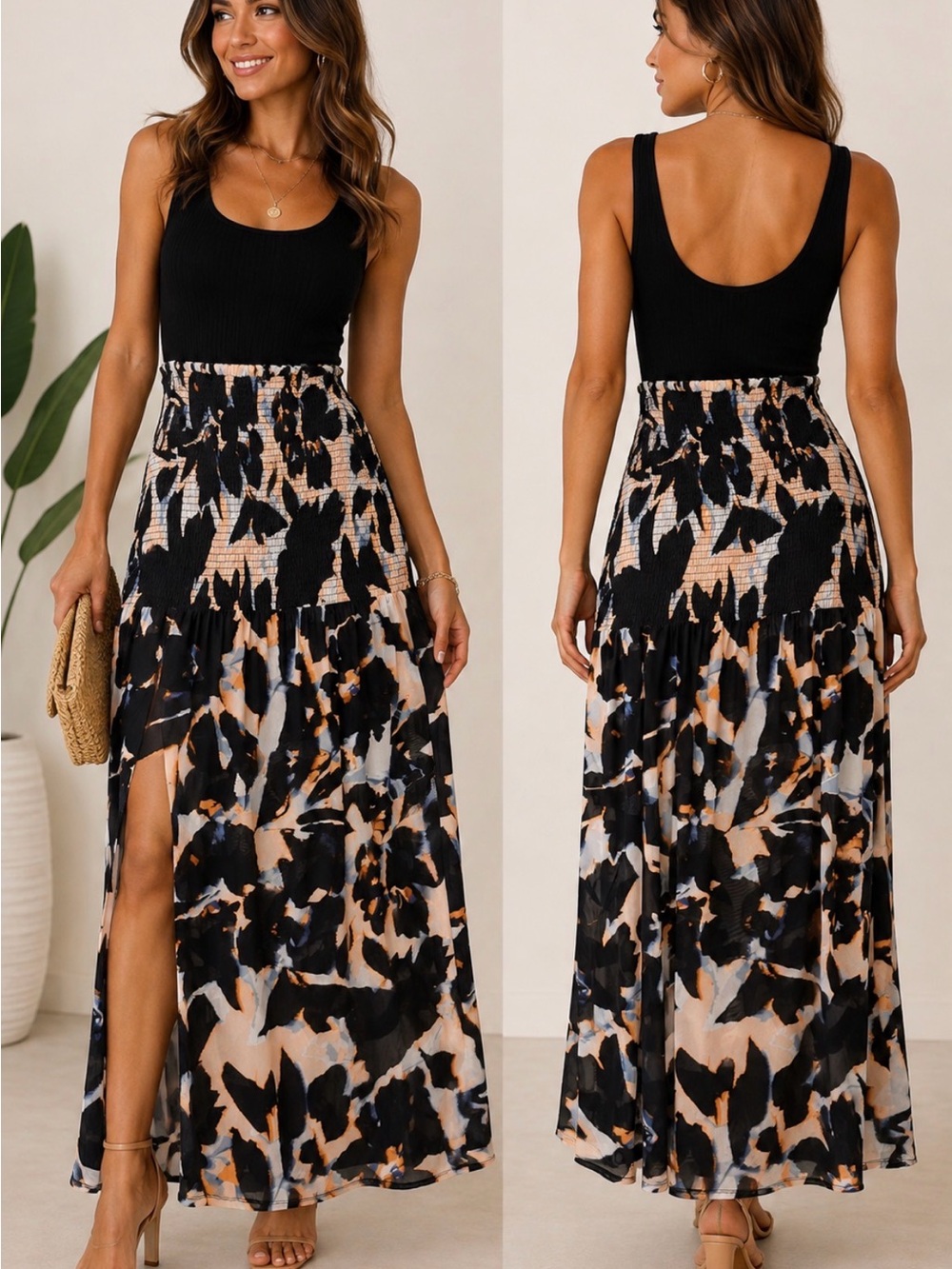 AFRM Abstract Floral Smocked Waist Maxi Skirt Side Slit NWT medium